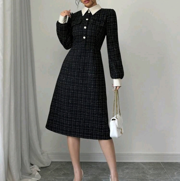 Commuting Chic Versatile A-Line Faux Pearl Button Decor Long Sleeve Dress - Picture 1 of 5